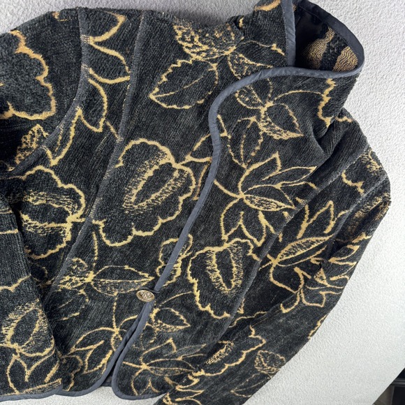 Vintage Floral Asian Jacket Women L Black Gold Carpet Velvet Tapestry Coat - Picture 2 of 8